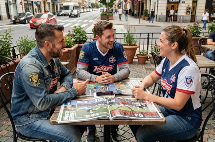 Groupe de supporters parcourant ensemble les nouveautés du magazine sportif 2024 en terrasse de café