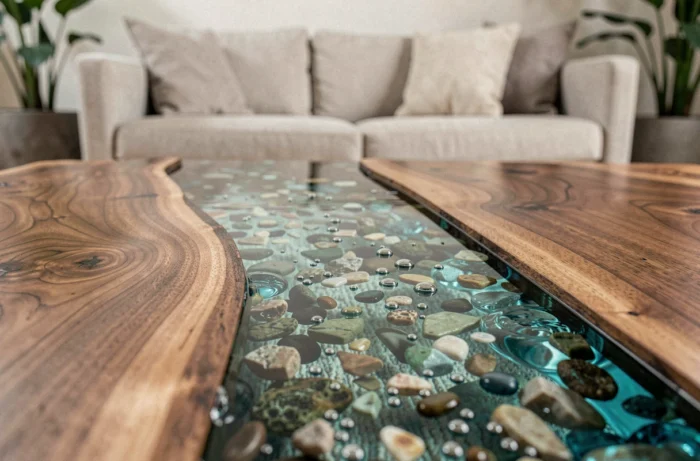 Table basse en résine rivière avec bois massif noyer dans un salon contemporain décoré avec soin