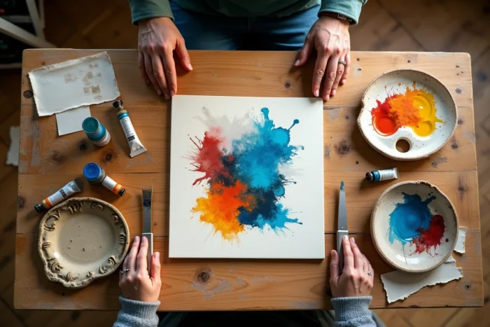 Table de travail d'un peintre avec tubes de peinture acrylique, palette et œuvre en cours