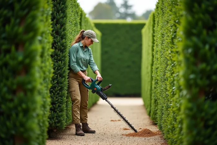 Femme jardinière utilisant un taille-haie électrique pour sculpter une haie d'if haute dans un jardin à la française