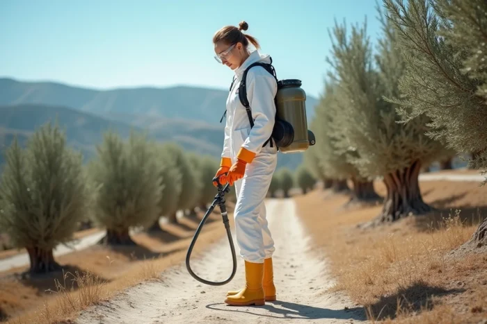 Technicienne agricole en combinaison de protection appliquant un herbicide dans une oliveraie en Espagne