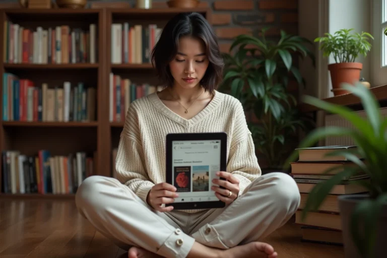 Femme téléchargeant des ebooks légaux en français sur une tablette numérique dans une bibliothèque à domicile
