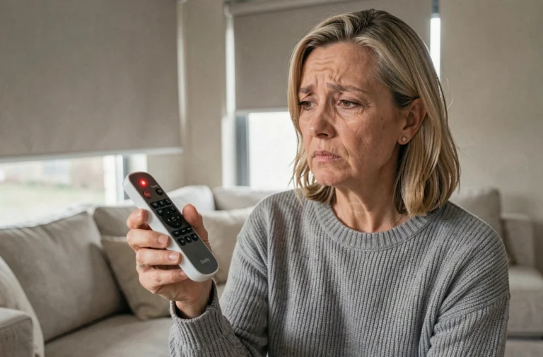 Femme tenant une télécommande Somfy avec une LED rouge clignotante dans un salon moderne