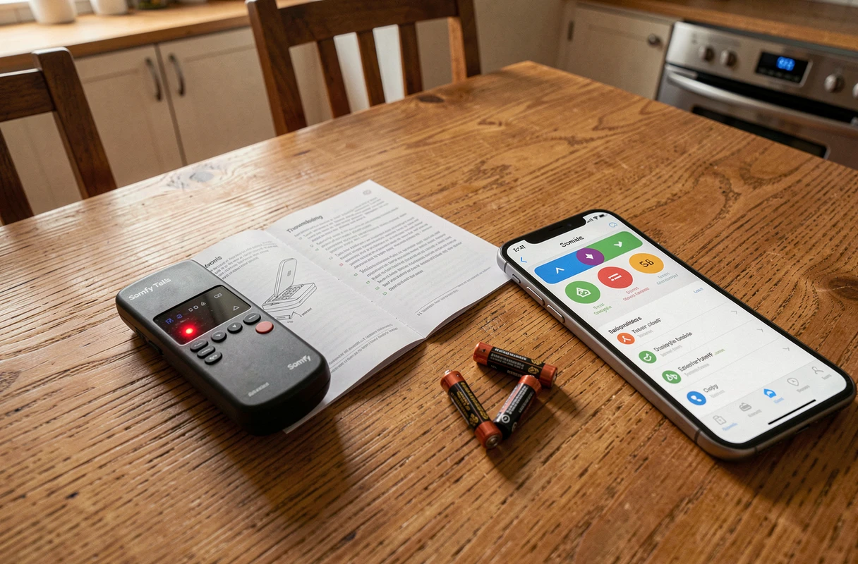 Télécommande Somfy Telis avec voyant rouge clignotant posée sur une table avec manuel et piles