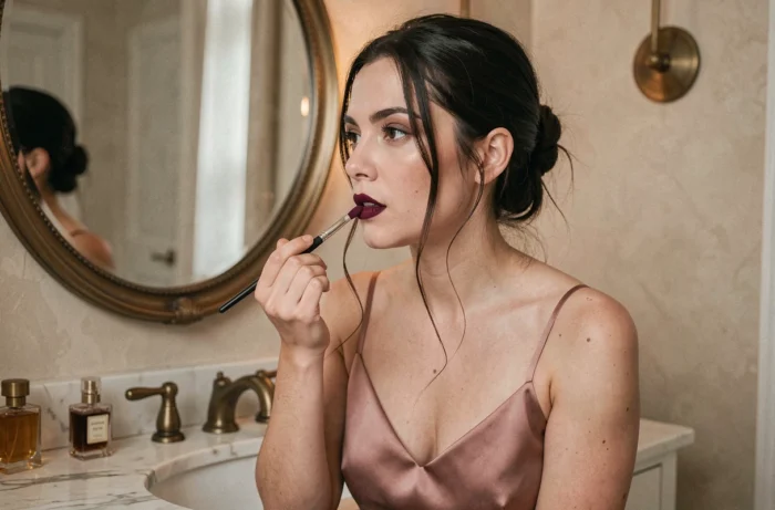 Femme appliquant un rouge à lèvres bordeaux devant un miroir de coiffeuse en marbre dans une salle de bain élégante