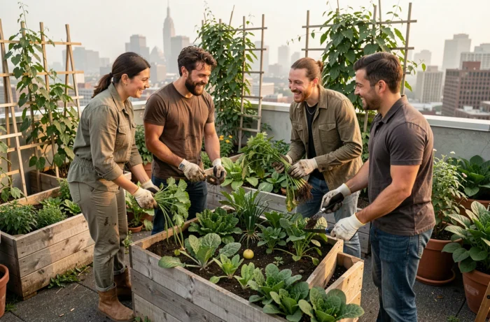 Groupe de jeunes adultes diversifiés cultivant un jardin communautaire urbain sur un toit, représentant les tendances écologiques et solidaires qui transforment les modes de vie contemporains