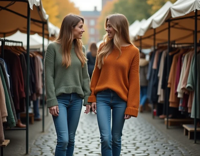 Deux femmes en pulls en maille d'automne feuilletant des vêtements sur un marché de mode en plein air pavé
