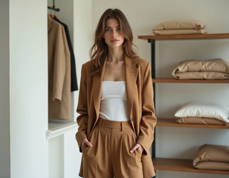 Jeune femme portant un blazer camel oversize et un pantalon large dans une boutique de mode parisienne épurée