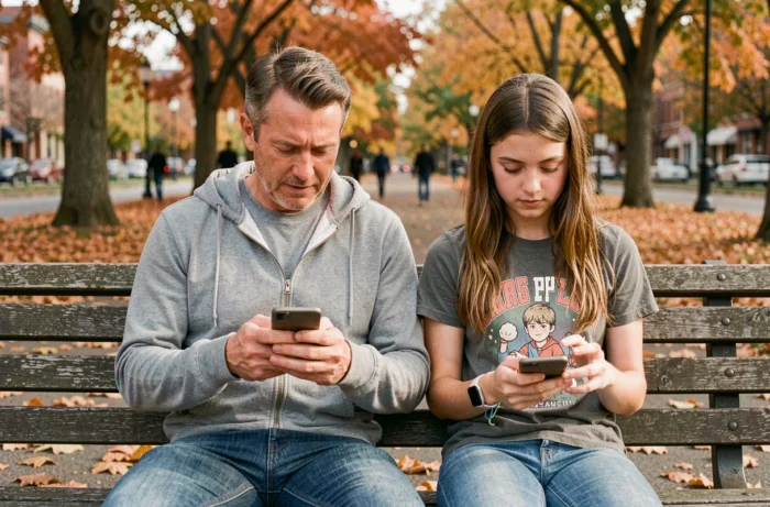 Père et adolescente assis dans un parc utilisant chacun leur smartphone, symbolisant la fracture numérique intergénérationnelle et les nouvelles habitudes sociales technologiques