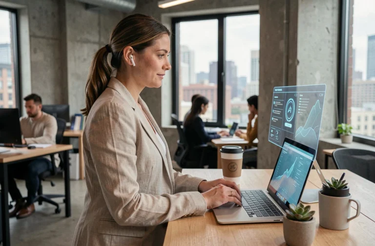 Femme professionnelle dans un espace de coworking moderne utilisant la technologie numérique, illustrant les nouvelles tendances du travail hybride et de la transformation digitale