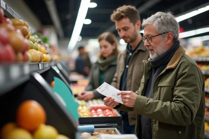 Couple utilisant un chèque différé Leclerc à la caisse d'un hypermarché