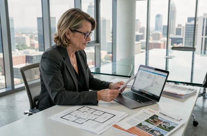 Femme professionnelle vérifiant des contrats immobiliers dans un bureau moderne pour évaluer la fiabilité d'une société de logement