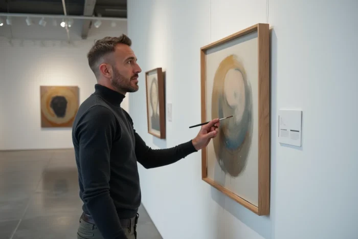 Visiteur contemplant une œuvre originale dans une galerie d'art contemporain épurée