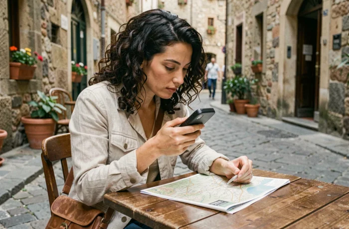 Voyageuse utilisant un traducteur instantané sans internet dans une rue pavée européenne
