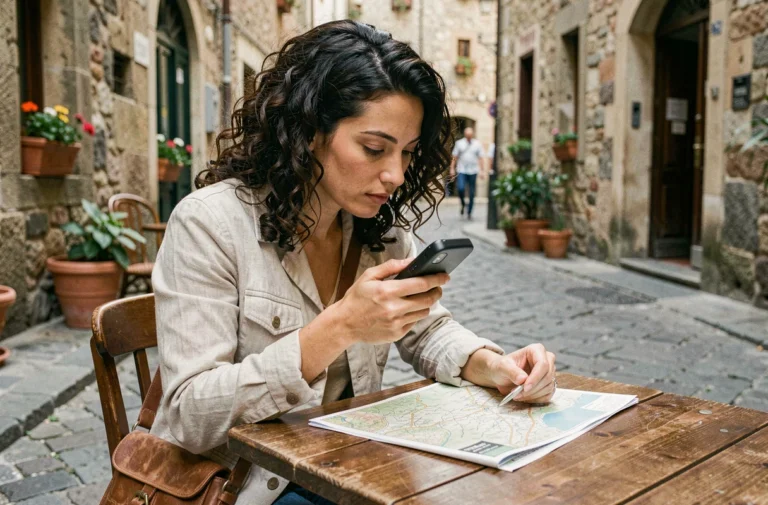 Voyageuse utilisant un traducteur instantané sans internet dans une rue pavée européenne