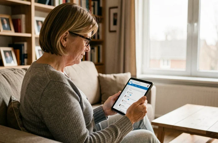 Employée du CHU de Reims consultant sa messagerie Zimbra sur tablette depuis son domicile